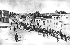 Ottoman soliders escorting march of Armenian residents, 1915
